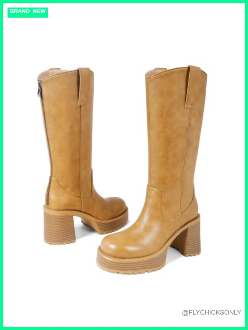 Women's Knee High Western Boots Leather Platform Chunky Heel